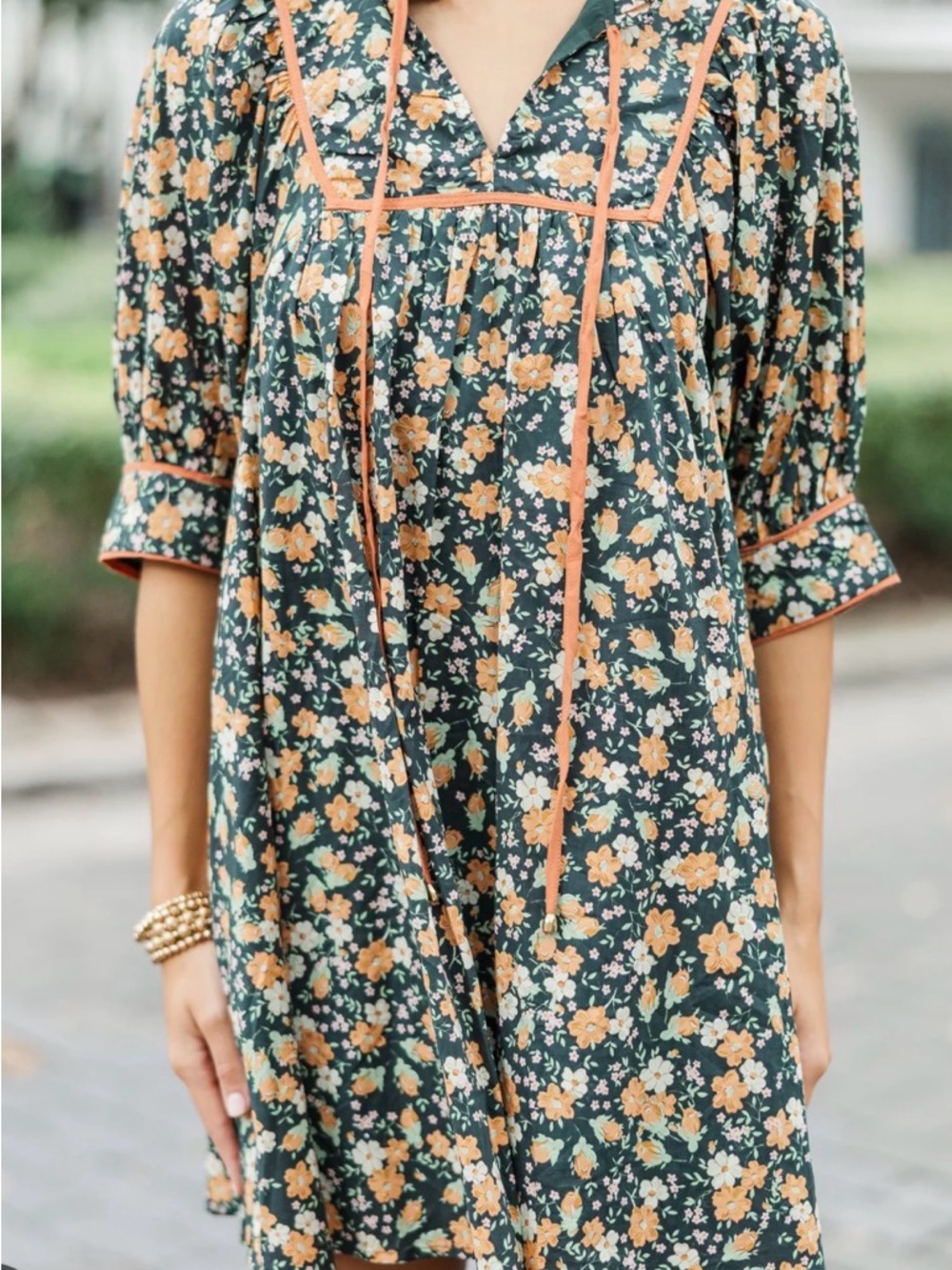 entro navy Floral dress with Peach and Cream Flowers
